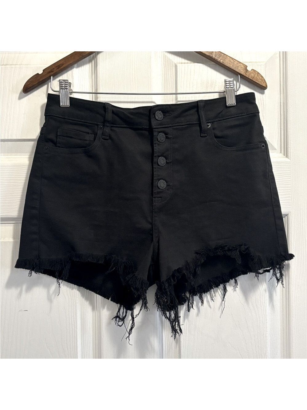HIDDEN High Rise Black Frayed Hem Shorts Soft Stretchy Jean Denim Large 12 / 14